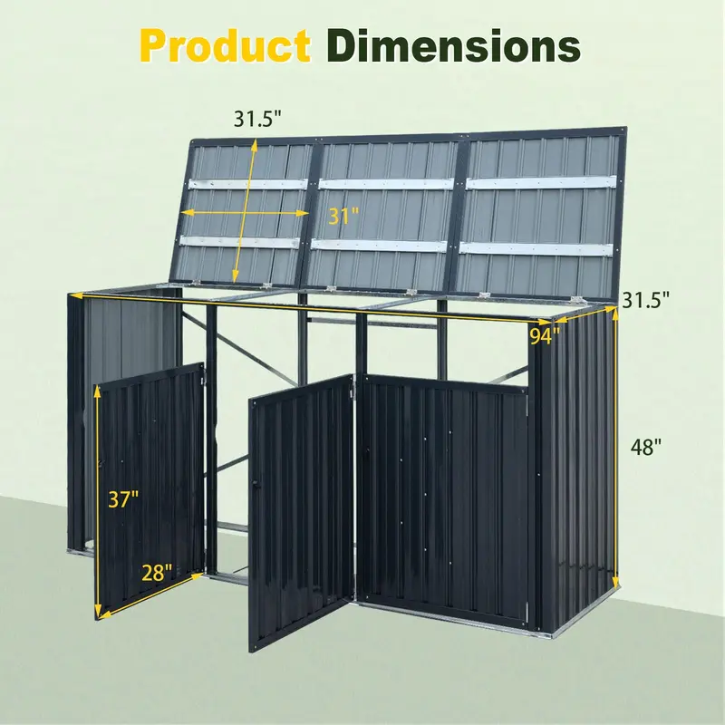 Goplus 7,8 x 2,6 Fuß (ca. 238 x 79,5 cm) Aufbewahrungsschrank für Außenmülltonnen – 3-Fach-Metall-Müllschrank mit Klappdeckeln 2