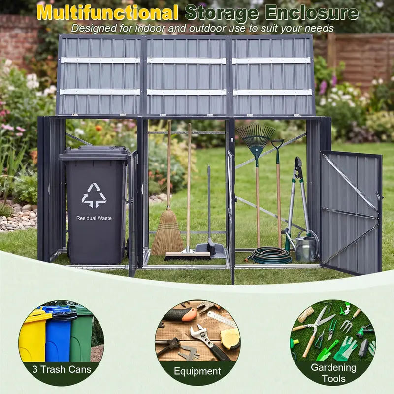 Goplus 7,8 x 2,6 Fuß (ca. 238 x 79,5 cm) Aufbewahrungsschrank für Außenmülltonnen – 3-Fach-Metall-Müllschrank mit Klappdeckeln