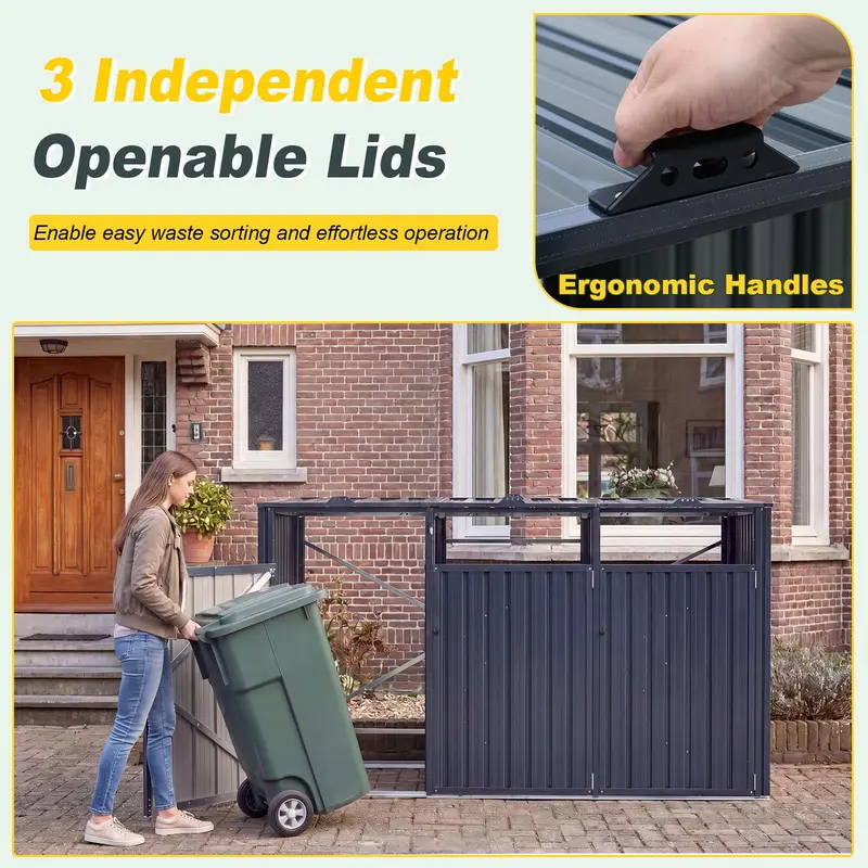 Goplus 7,8 x 2,6 Fuß (ca. 238 x 79,5 cm) Aufbewahrungsschrank für Außenmülltonnen – 3-Fach-Metall-Müllschrank mit Klappdeckeln