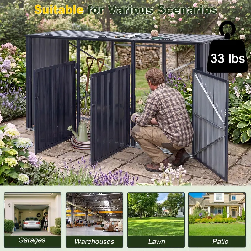 Goplus 7,8 x 2,6 Fuß (ca. 238 x 79,5 cm) Aufbewahrungsschrank für Außenmülltonnen – 3-Fach-Metall-Müllschrank mit Klappdeckeln