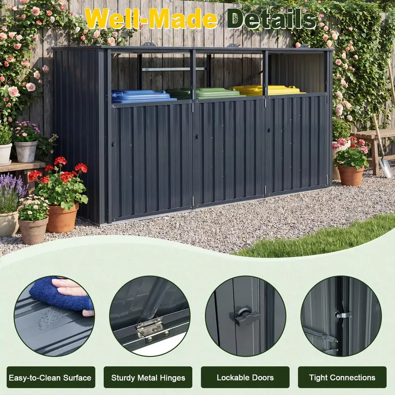 Goplus 7,8 x 2,6 Fuß (ca. 238 x 79,5 cm) Aufbewahrungsschrank für Außenmülltonnen – 3-Fach-Metall-Müllschrank mit Klappdeckeln