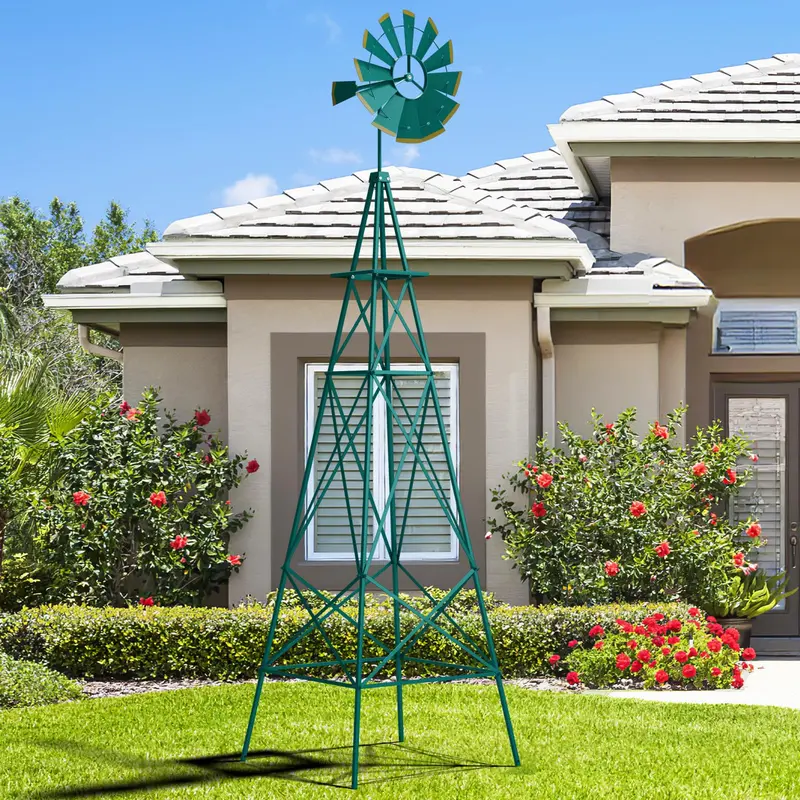 GoPlus 8 ft dekorativer Windmühle, wetterfeste Metall-Windmühle mit 4 Stützbeinen und dekorativem Wetterhahn 2
