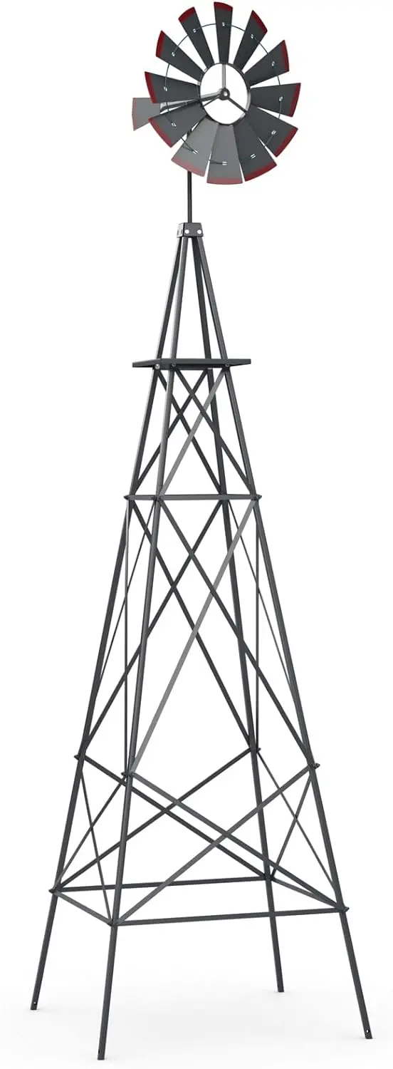 GoPlus 8 ft dekorativer Windmühle, wetterfeste Metall-Windmühle mit 4 Stützbeinen und dekorativem Wetterhahn