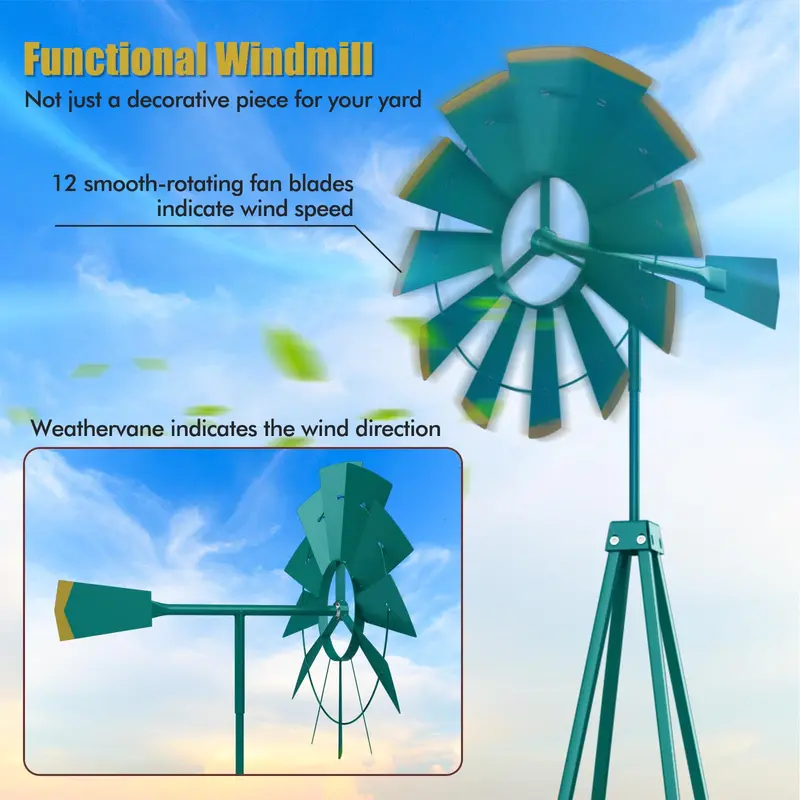 GoPlus 8 ft dekorativer Windmühle, wetterfeste Metall-Windmühle mit 4 Stützbeinen und dekorativem Wetterhahn