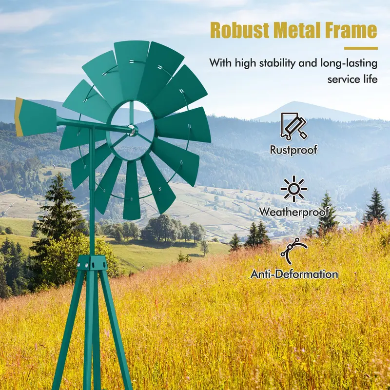 GoPlus 8 ft dekorativer Windmühle, wetterfeste Metall-Windmühle mit 4 Stützbeinen und dekorativem Wetterhahn
