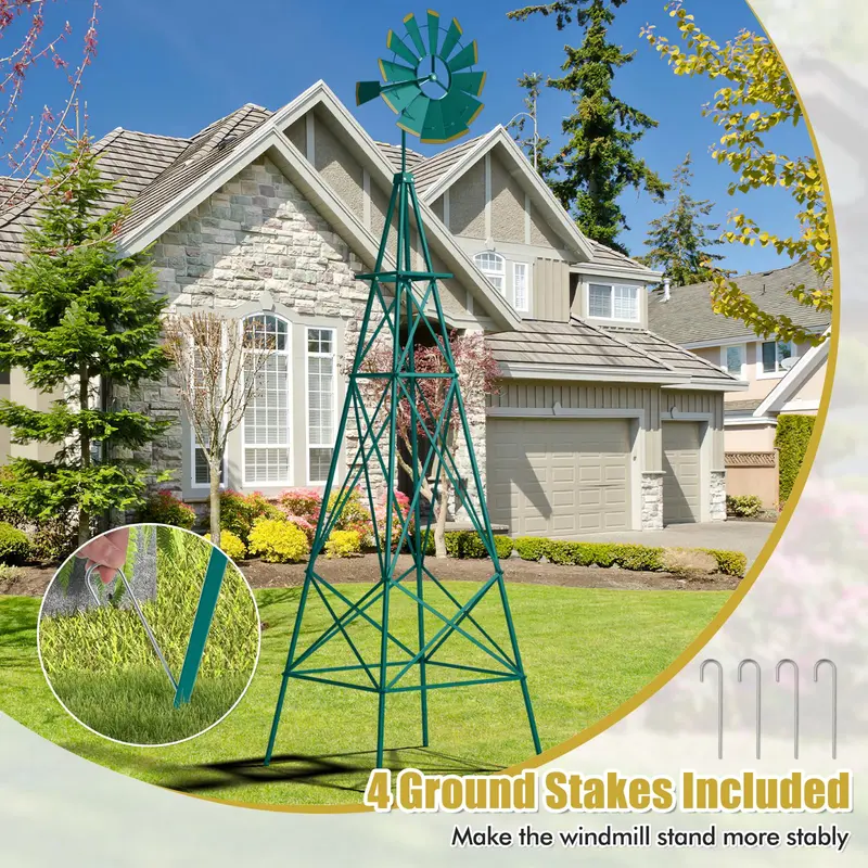 GoPlus 8 ft dekorativer Windmühle, wetterfeste Metall-Windmühle mit 4 Stützbeinen und dekorativem Wetterhahn