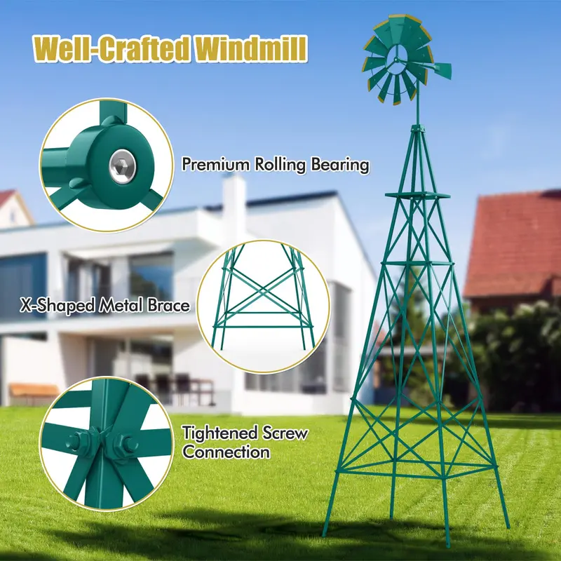 GoPlus 8 ft dekorativer Windmühle, wetterfeste Metall-Windmühle mit 4 Stützbeinen und dekorativem Wetterhahn