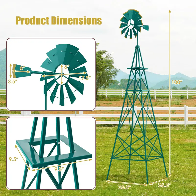 GoPlus 8 ft dekorativer Windmühle, wetterfeste Metall-Windmühle mit 4 Stützbeinen und dekorativem Wetterhahn