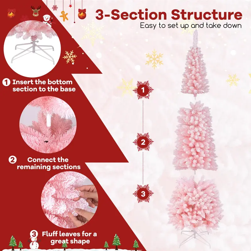 Goplus 8-Fuß-Rosa-Schlanke-Bleistift-Weihnachtsbaum, künstlicher unbeleuchteter schlanker Weihnachtsbaum mit 1000 Ästchen