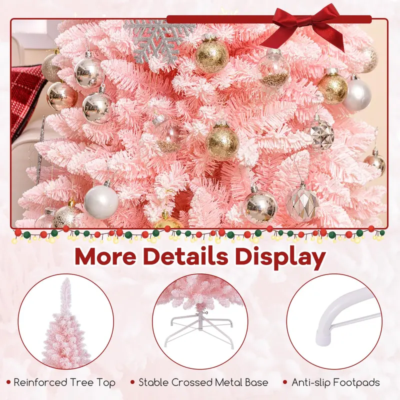 Goplus 8-Fuß-Rosa-Schlanke-Bleistift-Weihnachtsbaum, künstlicher unbeleuchteter schlanker Weihnachtsbaum mit 1000 Ästchen