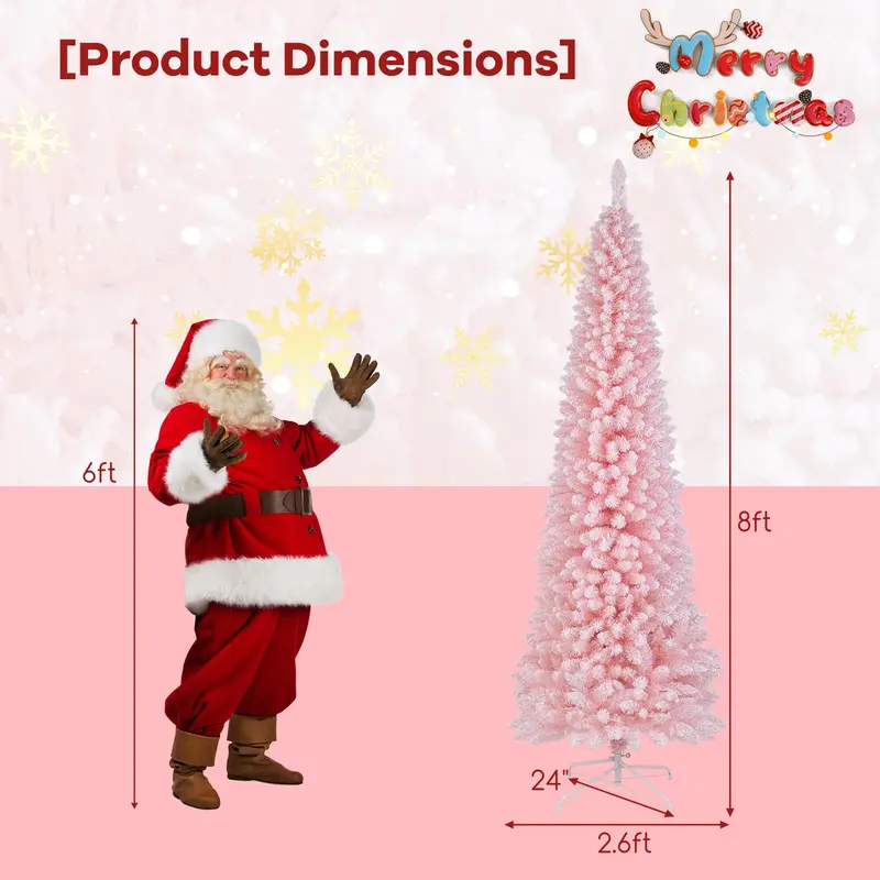Goplus 8-Fuß-Rosa-Schlanke-Bleistift-Weihnachtsbaum, künstlicher unbeleuchteter schlanker Weihnachtsbaum mit 1000 Ästchen