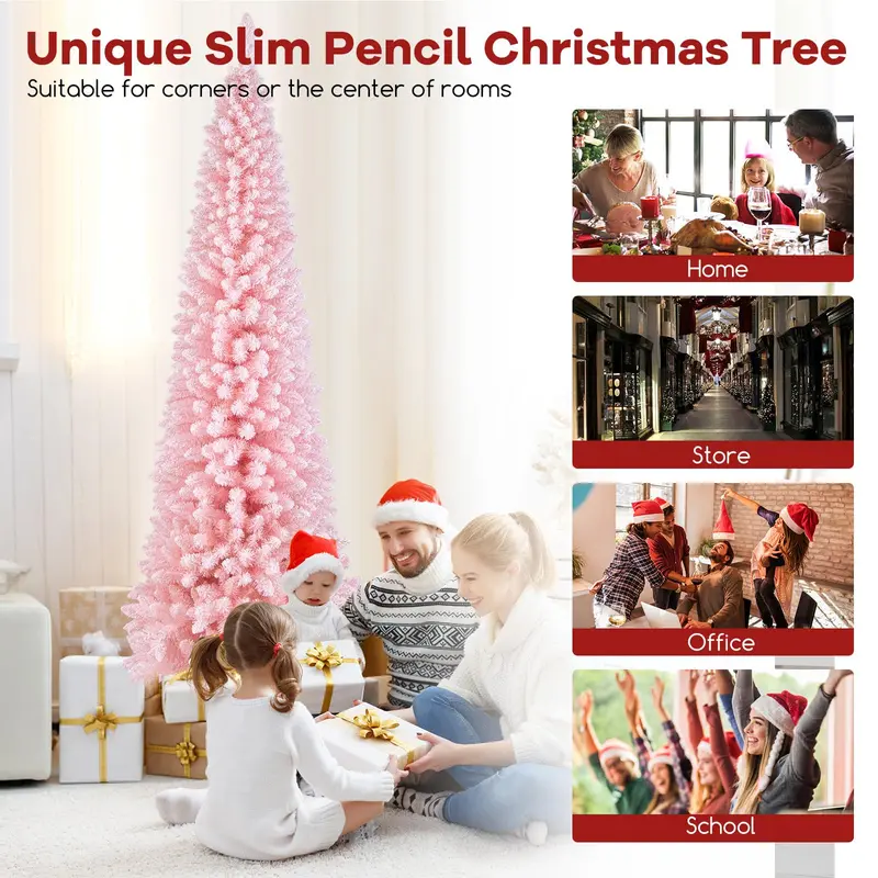 Goplus 8-Fuß-Rosa-Schlanke-Bleistift-Weihnachtsbaum, künstlicher unbeleuchteter schlanker Weihnachtsbaum mit 1000 Ästchen