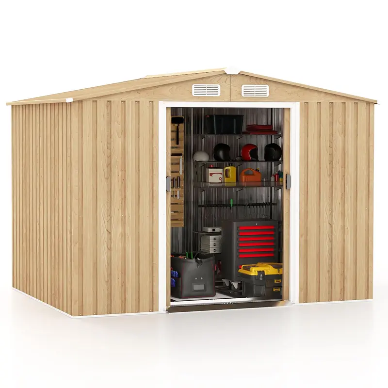 Goplus 8' x 6' Außenabstellraum mit Holzoptik, galvanisierter Metall-Gartenschuppen mit Bodenplatte und 4 Lüftungsöffnungen