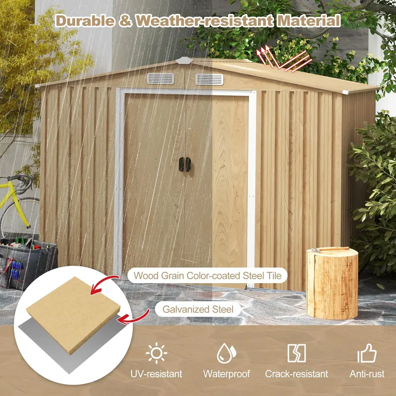 Goplus 8' x 6' Außenabstellraum mit Holzoptik, galvanisierter Metall-Gartenschuppen mit Bodenplatte und 4 Lüftungsöffnungen 2