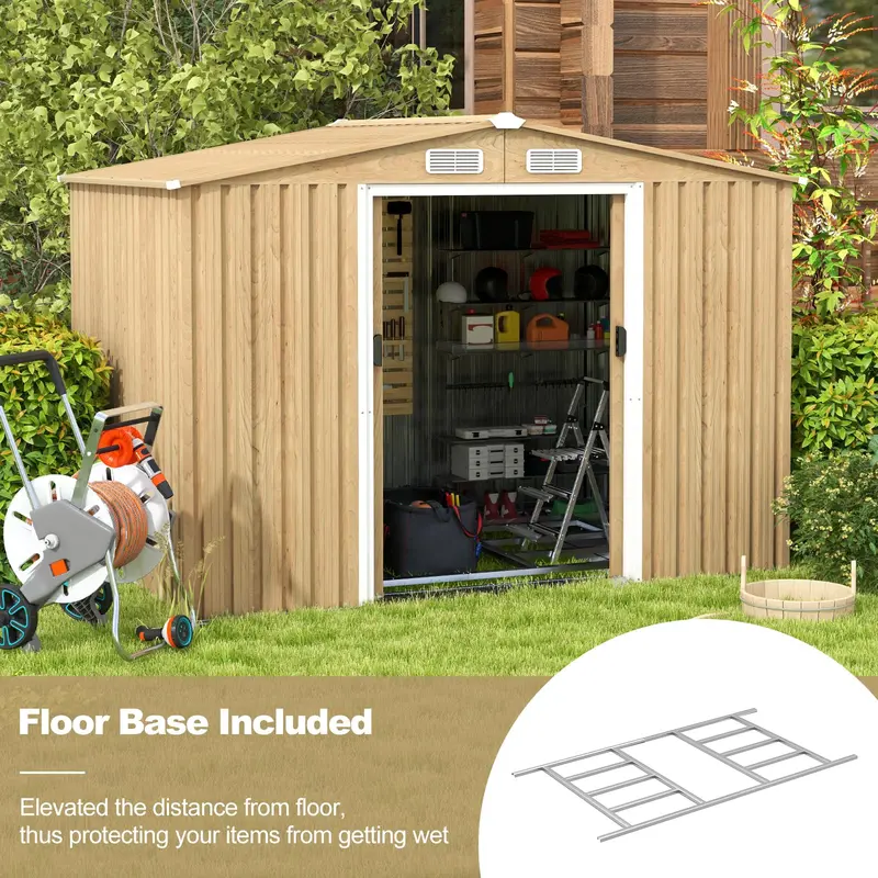 Goplus 8' x 6' Außenabstellraum mit Holzoptik, galvanisierter Metall-Gartenschuppen mit Bodenplatte und 4 Lüftungsöffnungen