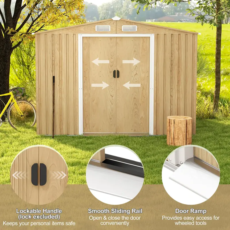 Goplus 8' x 6' Außenabstellraum mit Holzoptik, galvanisierter Metall-Gartenschuppen mit Bodenplatte und 4 Lüftungsöffnungen