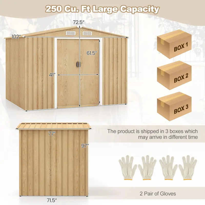 Goplus 8' x 6' Außenabstellraum mit Holzoptik, galvanisierter Metall-Gartenschuppen mit Bodenplatte und 4 Lüftungsöffnungen
