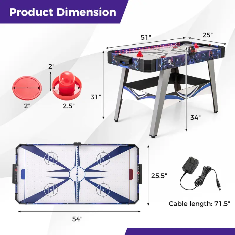 Goplus Air-Hockey-Tisch, 137 cm, mit LED-Punktanzeige, Lichteffekten, 2 Pucks und 2 Schlägern
