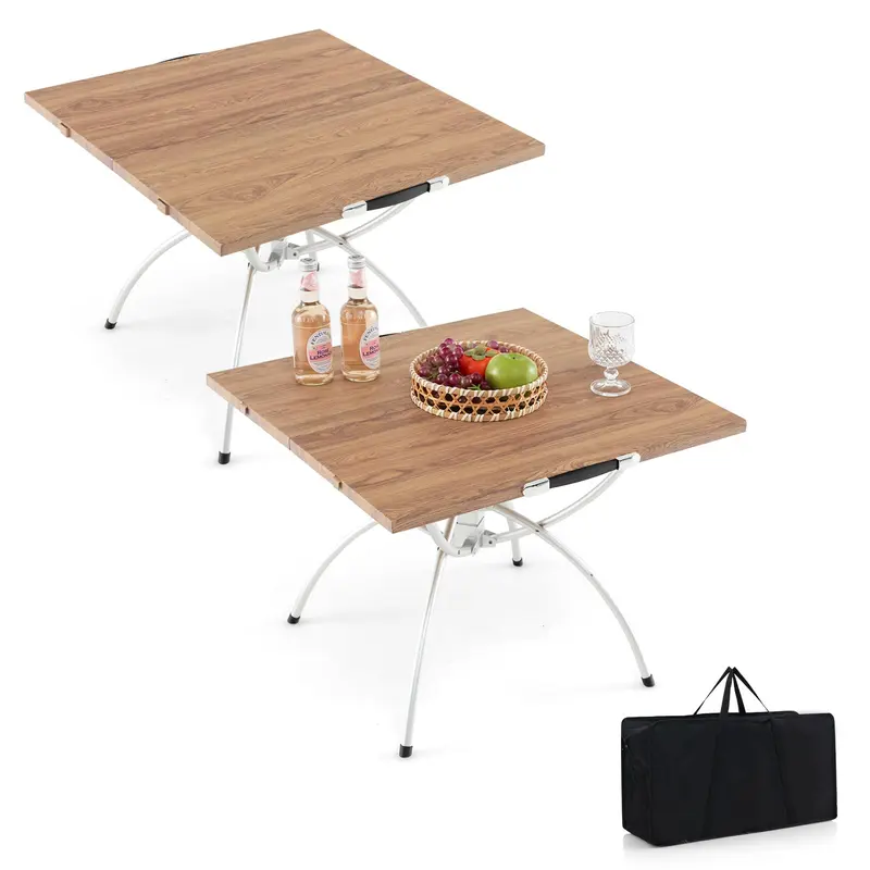 Goplus Aluminium-Campingtisch, 2-teiliges zusammenklappbares Picknicktisch-Set mit ausziehbarem Design und holzoptischer Tischplatte