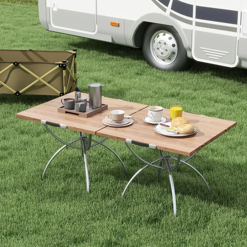 Goplus Aluminium-Campingtisch, 2-teiliges zusammenklappbares Picknicktisch-Set mit ausziehbarem Design und holzoptischer Tischplatte 2