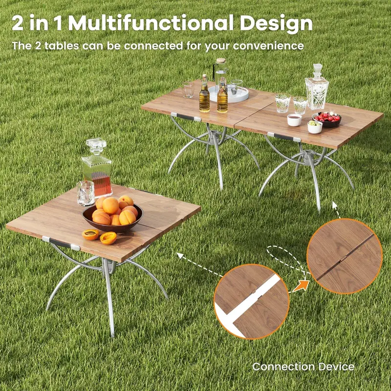 Goplus Aluminium-Campingtisch, 2-teiliges zusammenklappbares Picknicktisch-Set mit ausziehbarem Design und holzoptischer Tischplatte