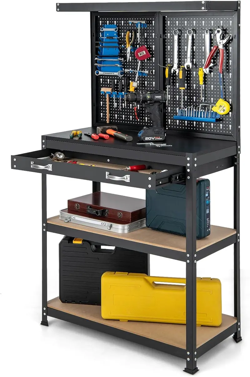 GoPlus-Arbeitstisch mit Lochwand, 81 x 40 cm, multifunktionale Arbeitsstation mit zwei Ablagen, Arbeitsfläche