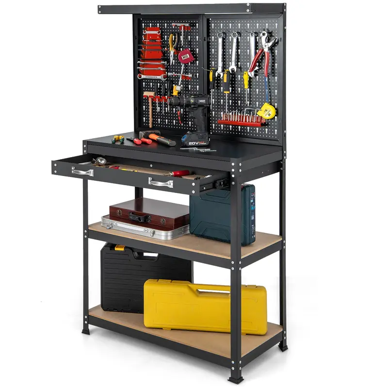 GoPlus-Arbeitstisch mit Lochwand, 81 x 40 cm, multifunktionale Arbeitsstation mit zwei Ablagen, Arbeitsfläche