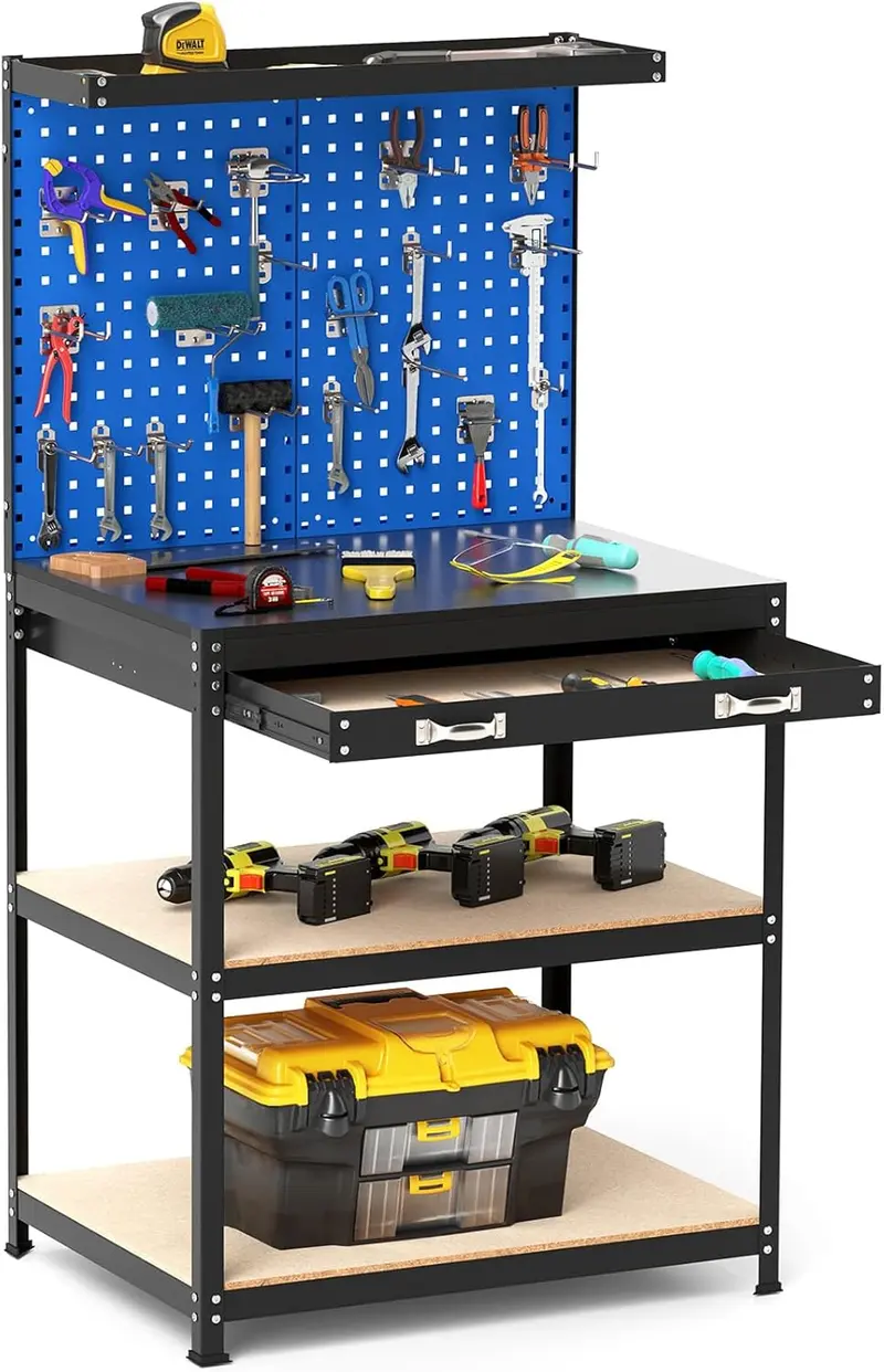 GoPlus-Arbeitstisch mit Lochwand, 81 x 40 cm, multifunktionale Arbeitsstation mit zwei Ablagen, Arbeitsfläche