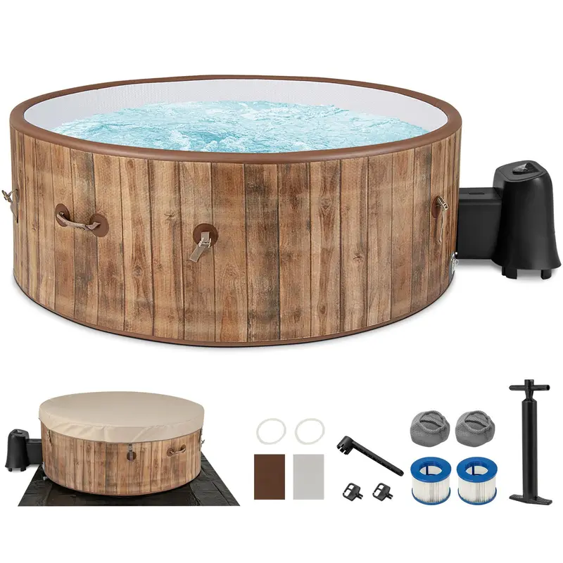 GoPlus Aufblasbare Whirlpool-Badewanne, 4–6 Personen, rund mit 183 cm Durchmesser, 120 Luftdüsen, Heizpumpe und Steuerpanel