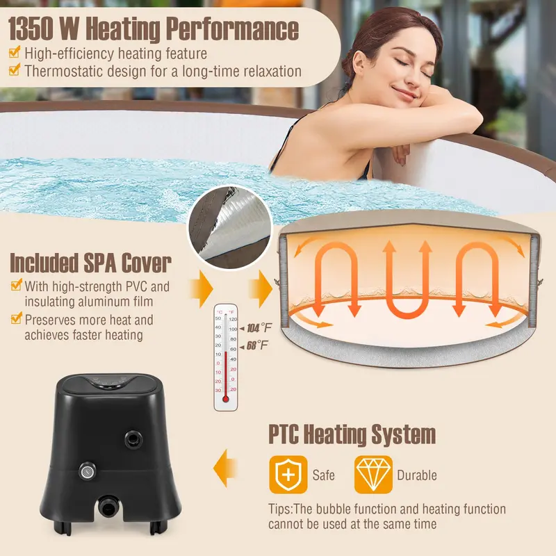 GoPlus Aufblasbare Whirlpool-Badewanne, 4–6 Personen, rund mit 183 cm Durchmesser, 120 Luftdüsen, Heizpumpe und Steuerpanel 2