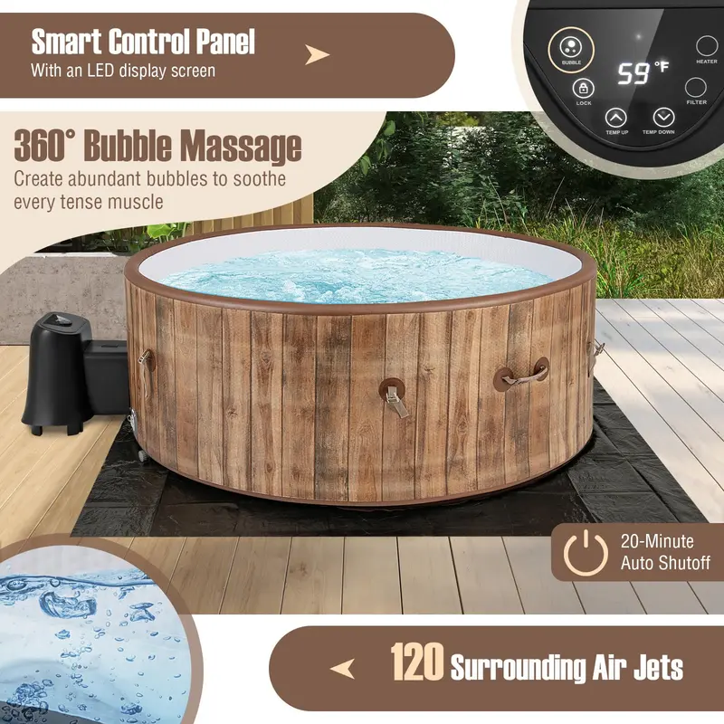 GoPlus Aufblasbare Whirlpool-Badewanne, 4–6 Personen, rund mit 183 cm Durchmesser, 120 Luftdüsen, Heizpumpe und Steuerpanel