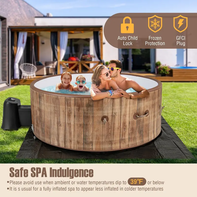 GoPlus Aufblasbare Whirlpool-Badewanne, 4–6 Personen, rund mit 183 cm Durchmesser, 120 Luftdüsen, Heizpumpe und Steuerpanel