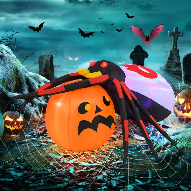 Goplus aufblasbarer Halloween-Spinnen-Verzierungsartikel mit Kürbis, 1,5 m, mit LED-Beleuchtung