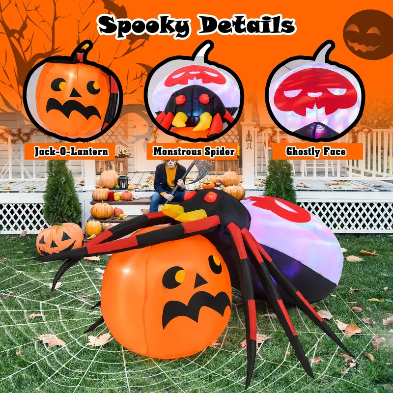 Goplus aufblasbarer Halloween-Spinnen-Verzierungsartikel mit Kürbis, 1,5 m, mit LED-Beleuchtung
