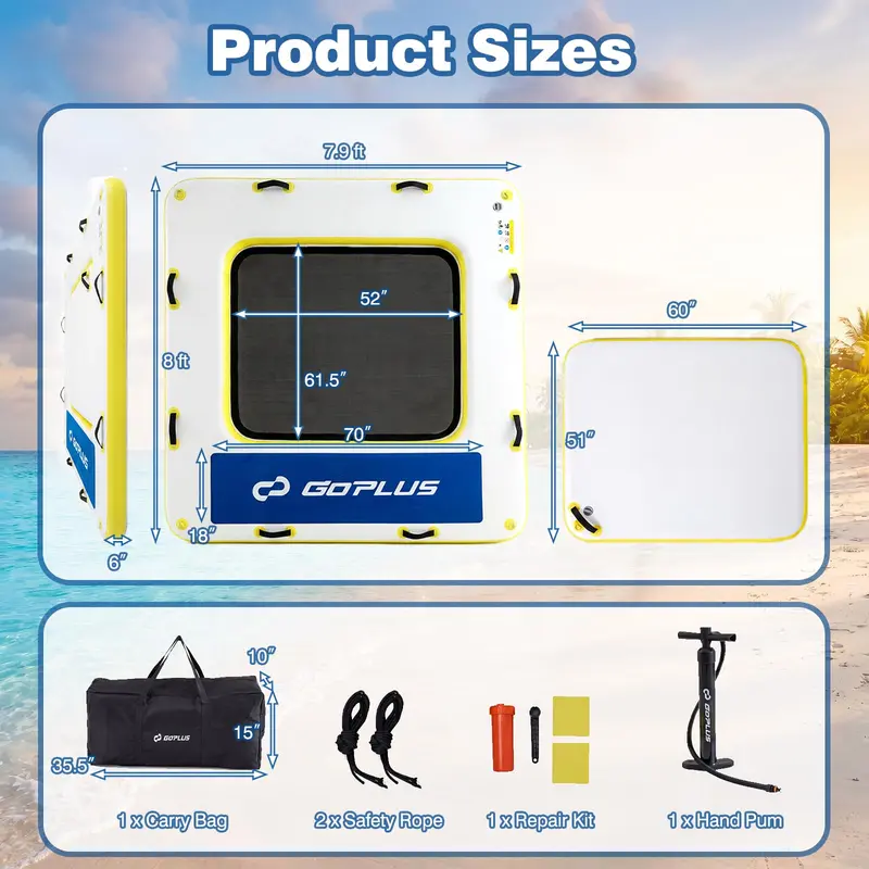 Goplus aufblasbarer schwimmender Steg, 2,44 m x 2,44 m x 15 cm dick, Schwimmplattform zum Baden