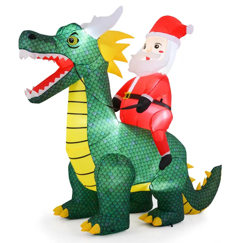 GoPlus aufblasbarer Weihnachtsdekor: 6,7 ft großer Weihnachtsmann reitet auf einem Dinosaurier mit Lichtern und Erdankern