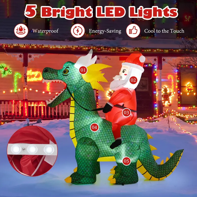GoPlus aufblasbarer Weihnachtsdekor: 6,7 ft großer Weihnachtsmann reitet auf einem Dinosaurier mit Lichtern und Erdankern 2