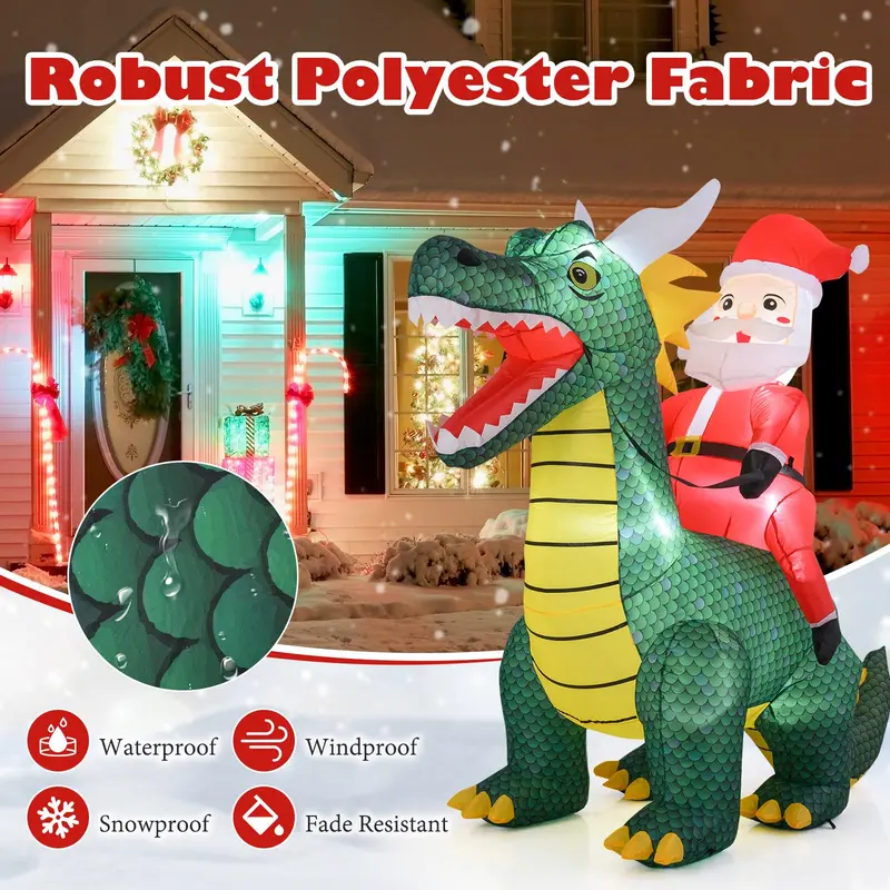 GoPlus aufblasbarer Weihnachtsdekor: 6,7 ft großer Weihnachtsmann reitet auf einem Dinosaurier mit Lichtern und Erdankern