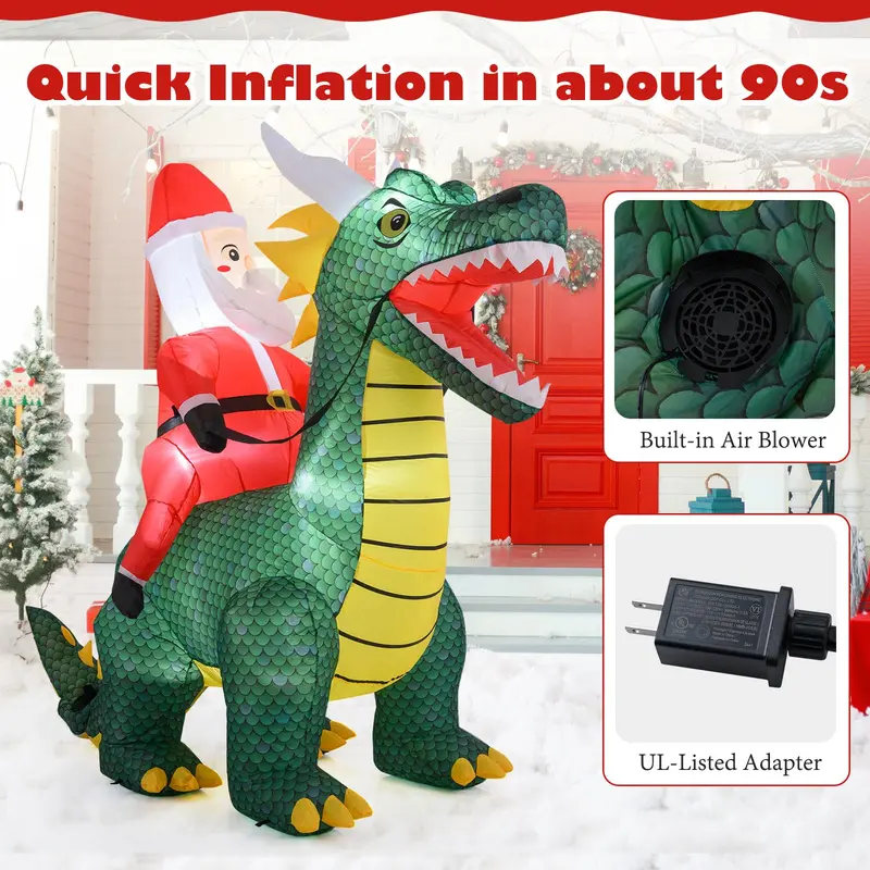 GoPlus aufblasbarer Weihnachtsdekor: 6,7 ft großer Weihnachtsmann reitet auf einem Dinosaurier mit Lichtern und Erdankern