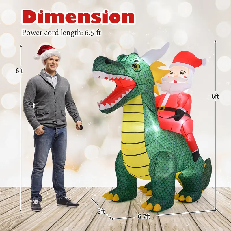 GoPlus aufblasbarer Weihnachtsdekor: 6,7 ft großer Weihnachtsmann reitet auf einem Dinosaurier mit Lichtern und Erdankern