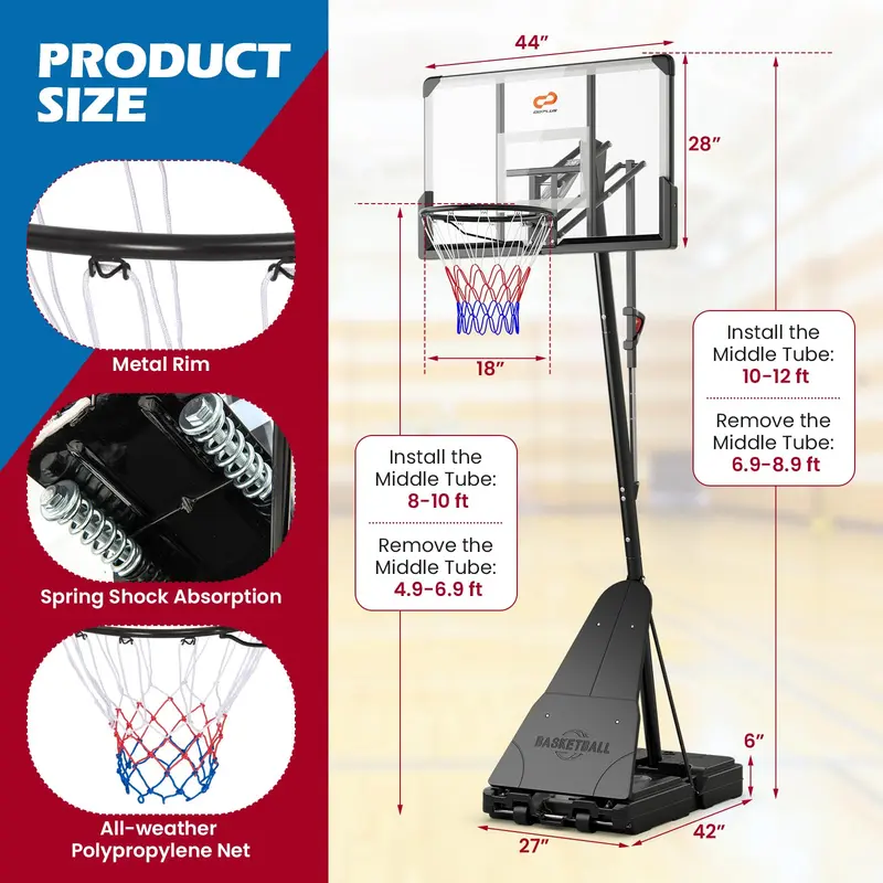 GoPlus Basketballkorb für den Außenbereich, 1,5–3,05 m (4,9–10 ft) schnell höhenverstellbares Basketballtor-System mit 112 cm (44 Zoll) PC-Rückwand