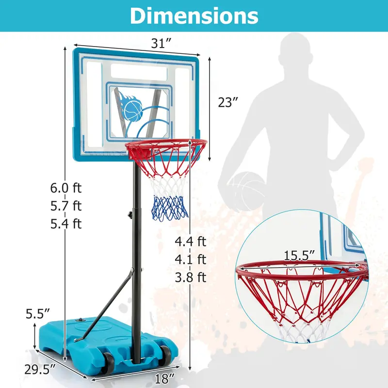 GoPlus Basketballkorb für den Außenbereich, höhenverstellbar von 3,8 bis 4,4 Fuß – Basketballzielanlage für den Poolbereich
