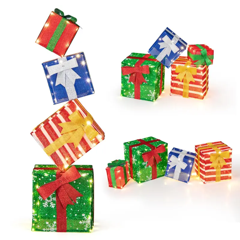 GoPlus beleuchtete Geschenkboxen, Set aus 4 stapelbaren, vormontierten Box-Dekorationen mit warmweißen LED-Leuchten und vorinstallierten Schleifen
