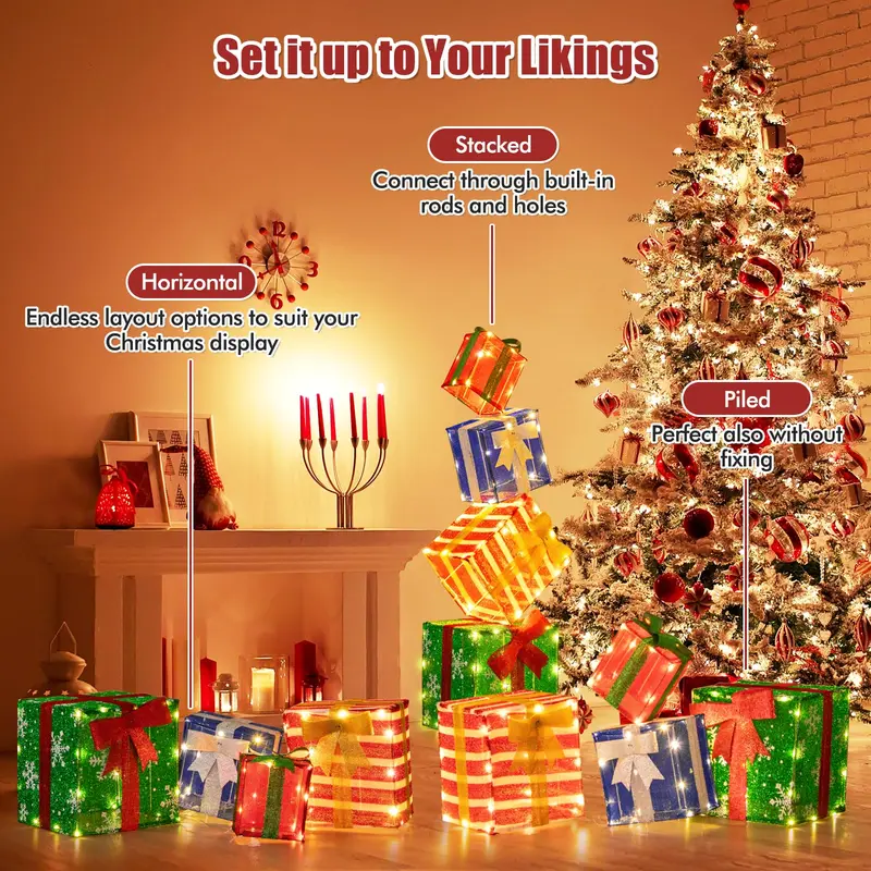 GoPlus beleuchtete Geschenkboxen, Set aus 4 stapelbaren, vormontierten Box-Dekorationen mit warmweißen LED-Leuchten und vorinstallierten Schleifen 2