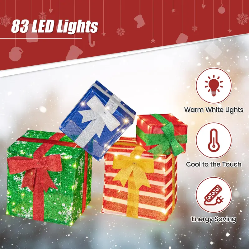 GoPlus beleuchtete Geschenkboxen, Set aus 4 stapelbaren, vormontierten Box-Dekorationen mit warmweißen LED-Leuchten und vorinstallierten Schleifen