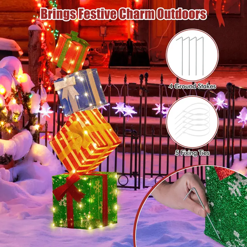 GoPlus beleuchtete Geschenkboxen, Set aus 4 stapelbaren, vormontierten Box-Dekorationen mit warmweißen LED-Leuchten und vorinstallierten Schleifen