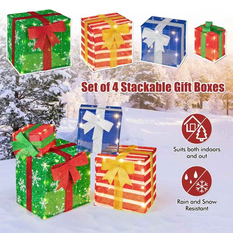 GoPlus beleuchtete Geschenkboxen, Set aus 4 stapelbaren, vormontierten Box-Dekorationen mit warmweißen LED-Leuchten und vorinstallierten Schleifen