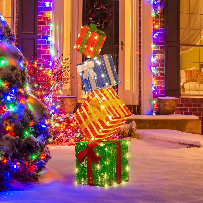 GoPlus beleuchtete Geschenkboxen, Set aus 4 stapelbaren, vormontierten Box-Dekorationen mit warmweißen LED-Leuchten und vorinstallierten Schleifen