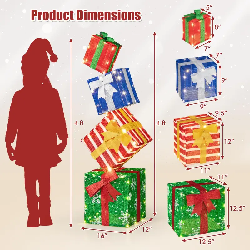GoPlus beleuchtete Geschenkboxen, Set aus 4 stapelbaren, vormontierten Box-Dekorationen mit warmweißen LED-Leuchten und vorinstallierten Schleifen