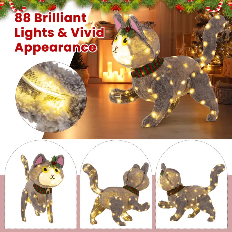 GoPlus beleuchtete Weihnachtskatze, Indoor- und Outdoor-Katzen-Dekoration mit 88 LED-Leuchten